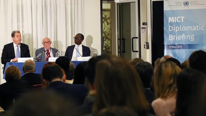 From left to right: Prosecutor Serge Brammertz, President Theodor Meron and Registrar Olufemi Elias hold briefing for the diplomatic corps