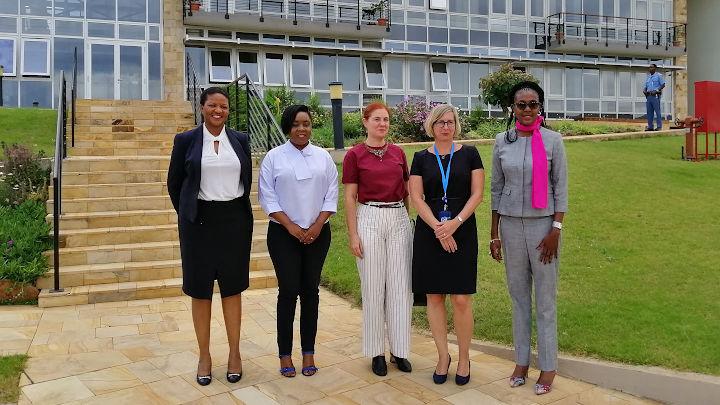 From left to right: Ms. Thembile Segoete, Acting Officer-in-Charge, Office of the Prosecutor, Arusha branch, Ms. Tully Mwaipopo, Legal Officer IOR, Arusha branch, Her Excellency. Ms. Francisca Pedrós Carretero, Ambassador of the Kingdom of Spain to the United Republic of Tanzania, Ms. Fiana Reinhardt, Head of the President's Office, Arusha and Ms. Sera Attika, Chief of Registry, Arusha branch