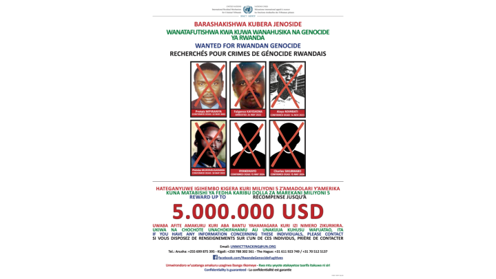 Poster of 6 fugitives wanted for the Rwanda Genocide. All faces are crossed out and the dates of their deaths or arrests are noted bellow the photos.