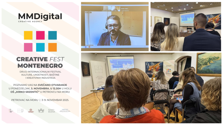 A collage of photos depicting the audience at the event and the lecturer on screen along with the text information about the festival