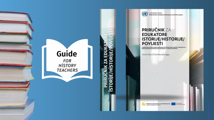 Illustration showing a bunch of stacked books on the left side and the cover of the Guide for History Teachers on the right side