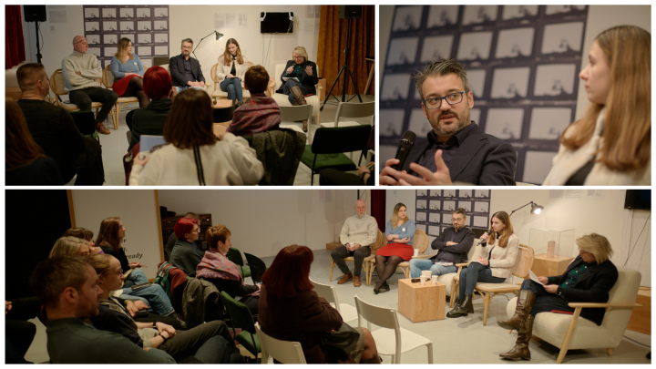 A collage of photos depicting the audience at the event and several panelist in front of the audience engaged in a discussion
