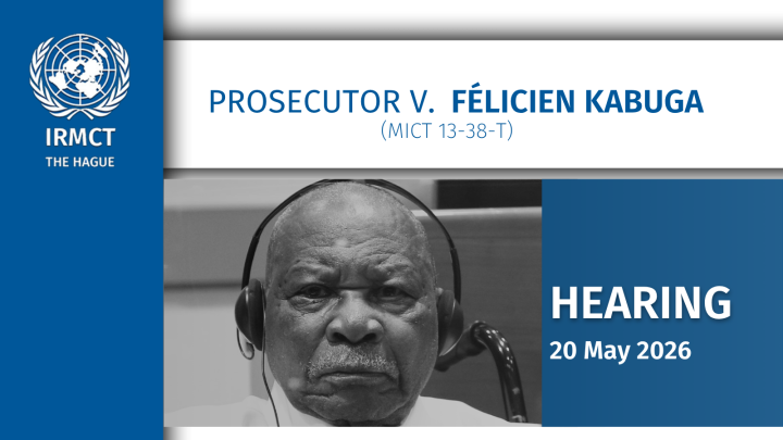 Black and white headshot photo of late Felicien Kabuga in The Hague courtroom during one of the previous court appearances with the IRMCT logo and case title