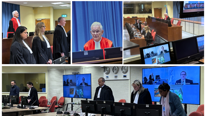 Collage of photos from the Hearing depicting Judge Bonomy presiding in the courtroom, Judges El Baaj and deGuzman on the screen remotely and parties - Defence and Prosecution standing in the courtroom