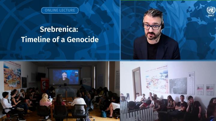Promotional graphic for the online lecture "Srebrenica: Timeline of a Genocide," showing the speaker on screen and an audience of students watching the livestream.