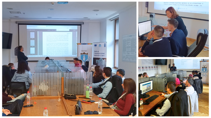 A collage of photos from the event depicting the lecturers in front of a big screen and the participants sitting and following the lecture and workshop