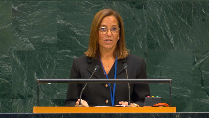 IRMCT President Graciela Gatti Santana speaks at a podium during a session of the United Nations General Assembly. She wears a black blazer with gold buttons, glasses and a blue accreditation lanyard. Two microphones are positioned in front of her, and she holds a sheet of paper. A dark green marble wall forms the background.
