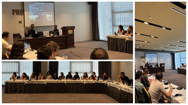 Photo collage from the Regional Summer School on Transitional Justice in Prizren. MIP researcher Nemanja Stjepanović delivers a presentation to participants seated around tables in a conference room. His presentation on ICTY cases concerning crimes committed in Kosovo is displayed on a screen at the front of the room.