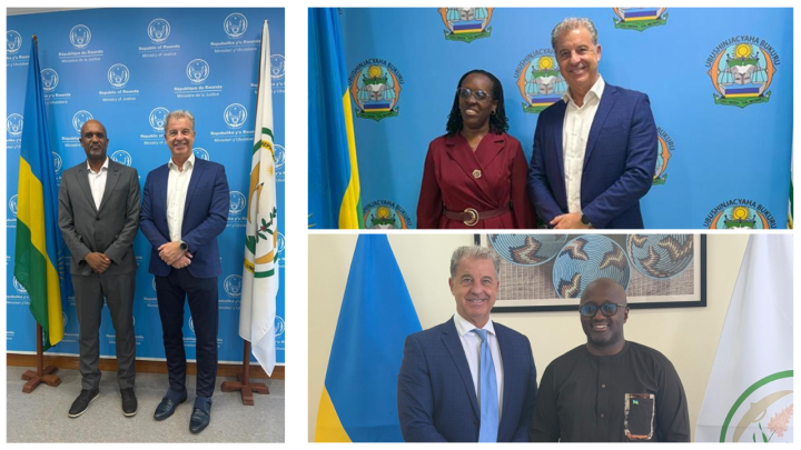 Three photos of the Prosecutor with High level officials of Rwanda in their offices standing.