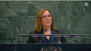 Headshot of the President Gatti Santana during her speech before the General Assembly.