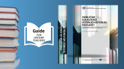 Illustration showing a bunch of stacked books on the left side and the cover of the Guide for History Teachers on the right side