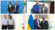 A collage of photos from the Prosecutor's visit depicting him shaking hands with 4 officials in Rwanda